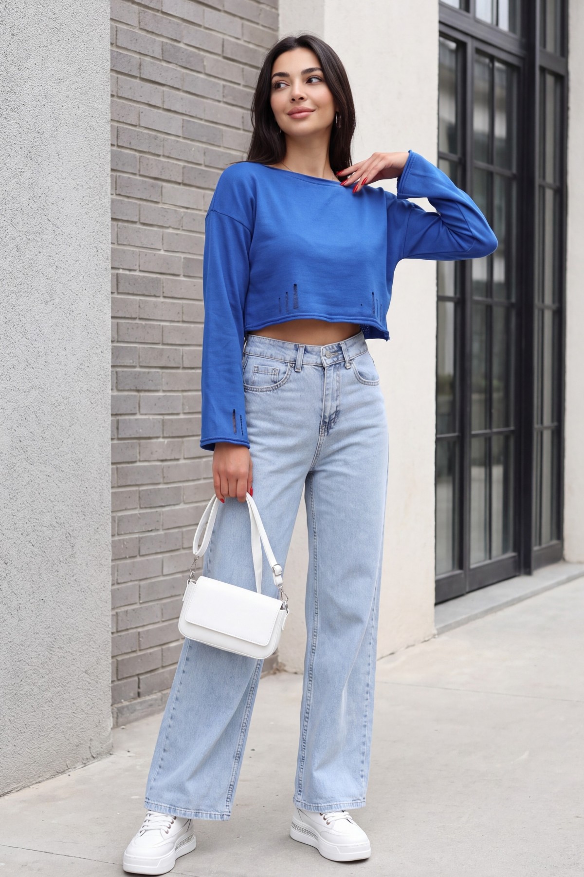 Kayık Yaka Triko Crop -Saks