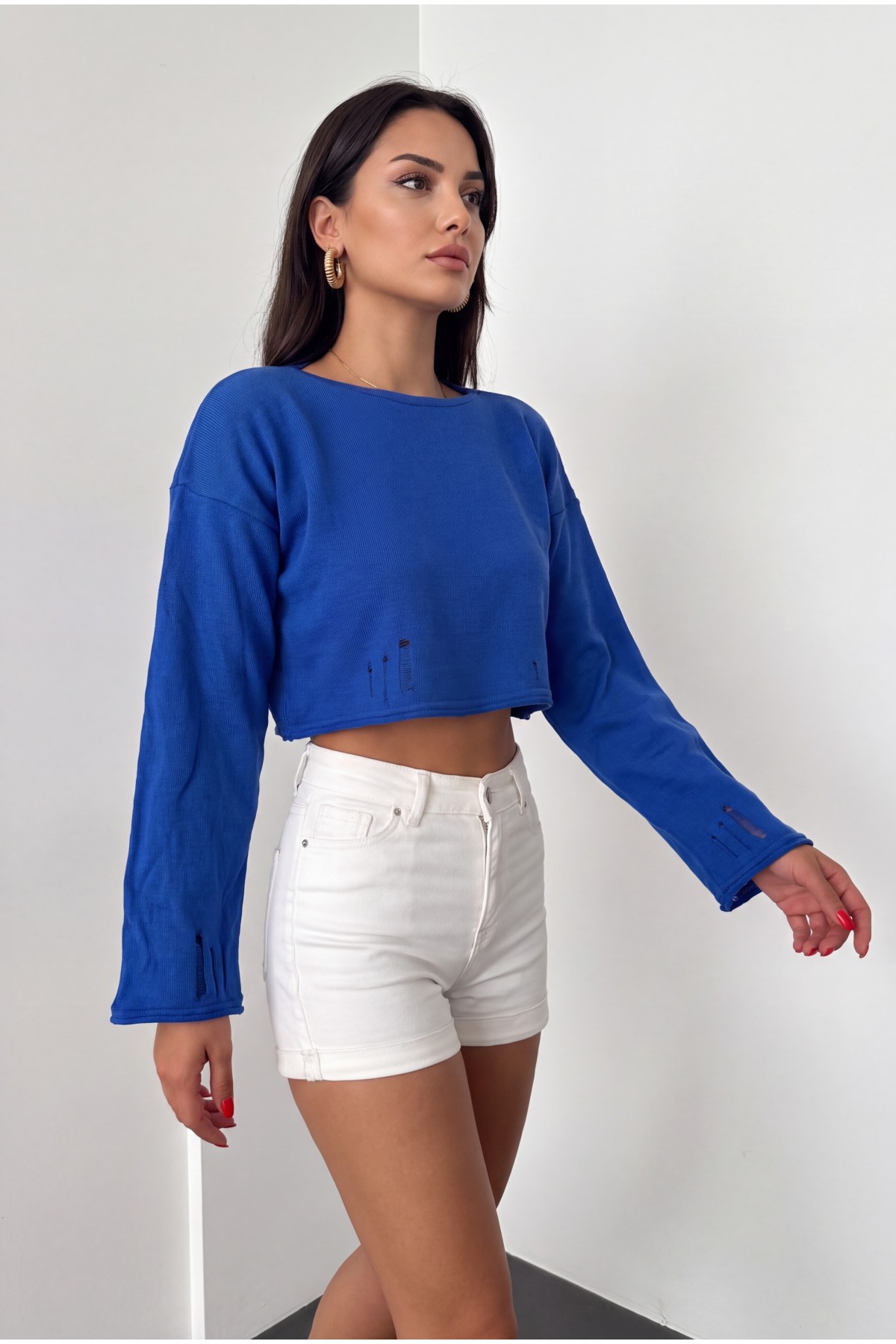 Kayık Yaka Triko Crop -Saks
