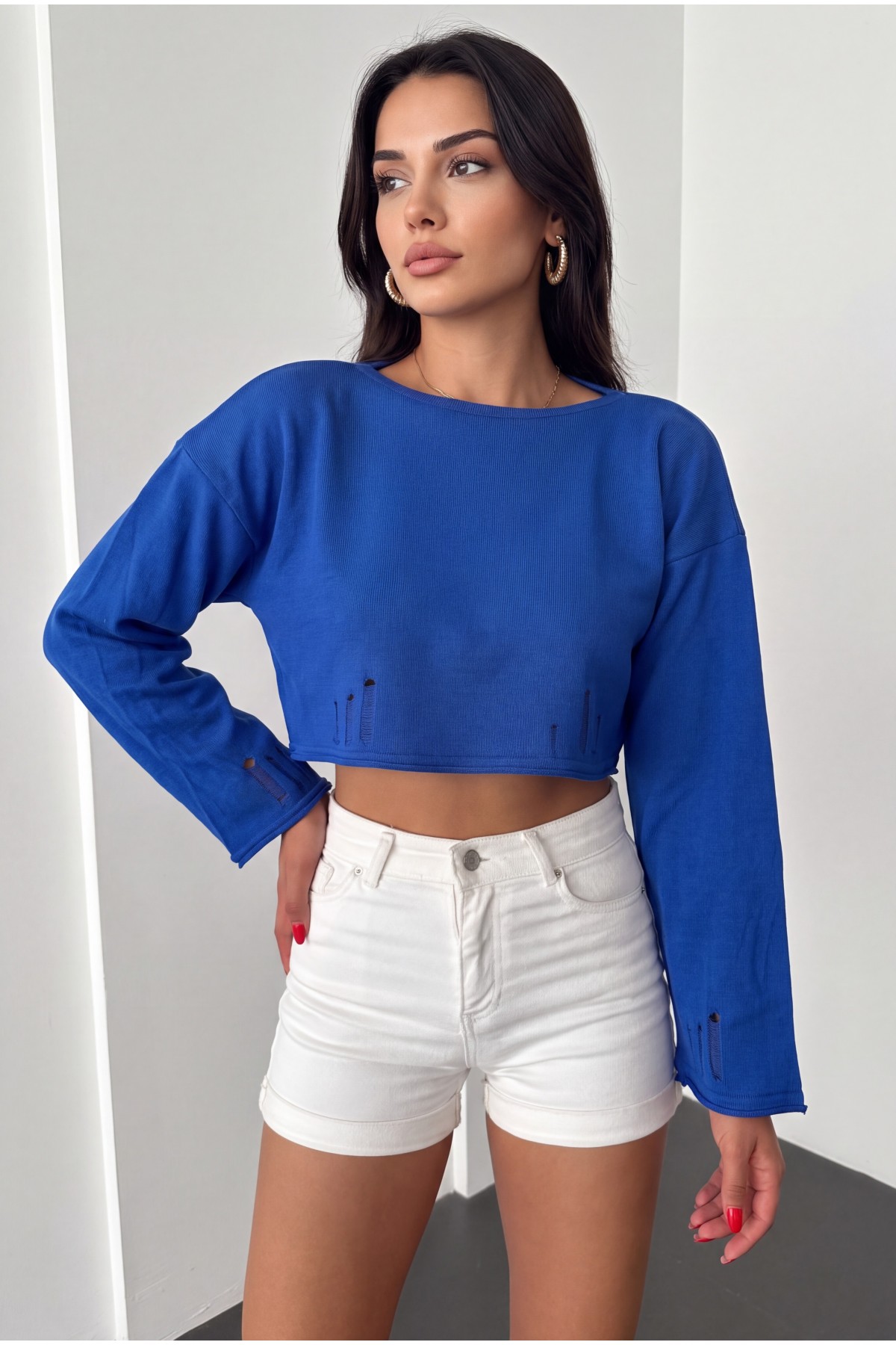 Kayık Yaka Triko Crop -Saks