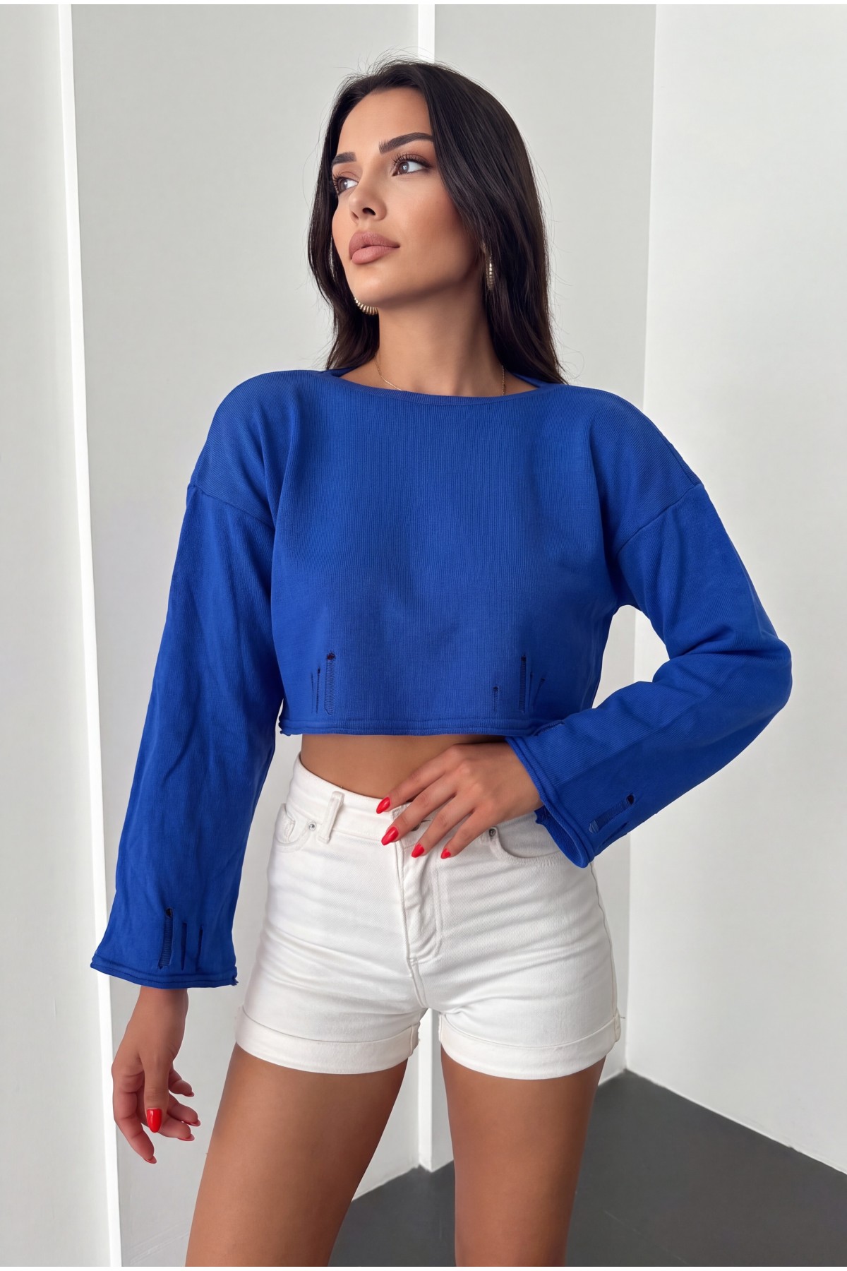 Kayık Yaka Triko Crop -Saks