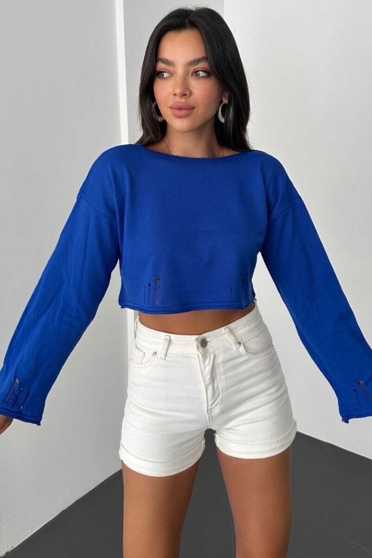 Kayık Yaka Triko Crop -Saks
