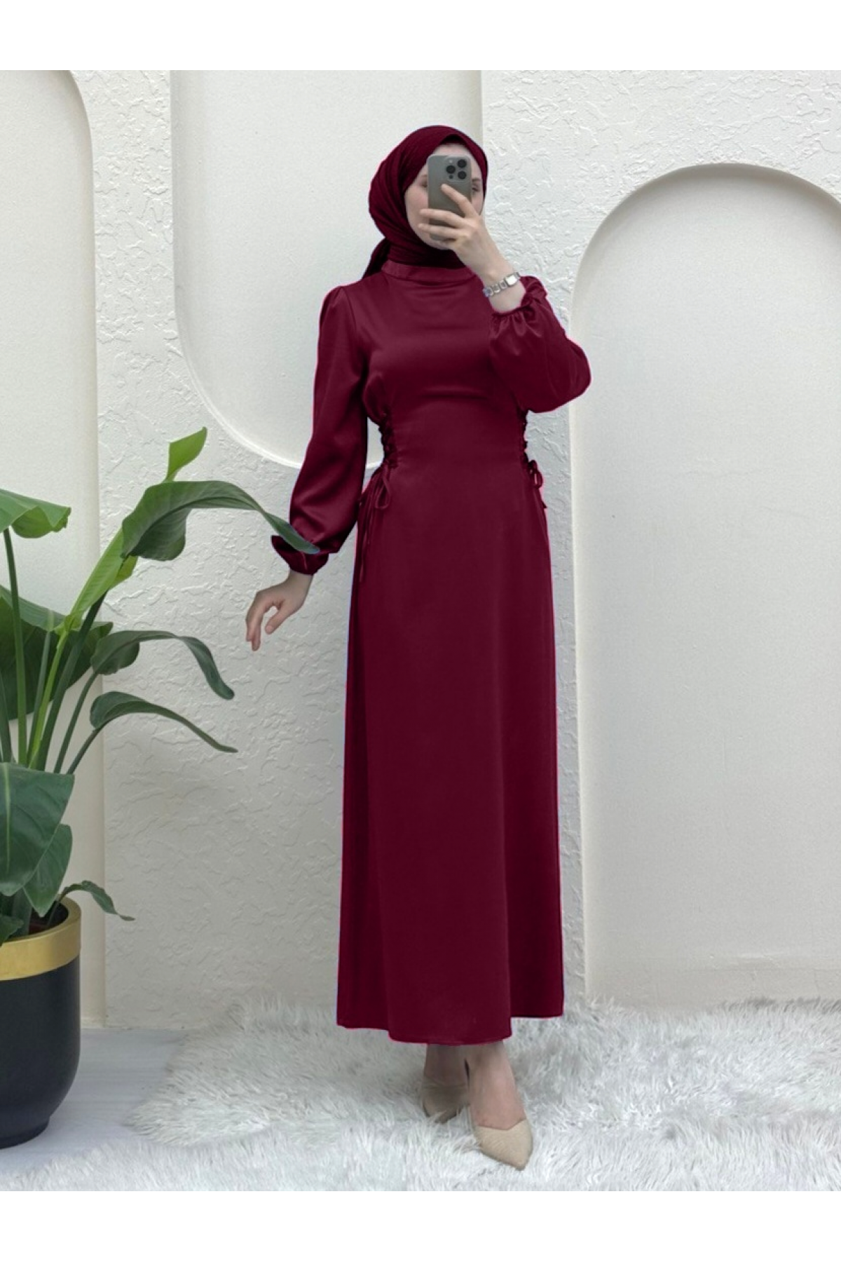 Kadın Bordo Yanları Bağlamalı Kolu Lasti̇kli̇ Saten Elbi̇se - Podyumplus