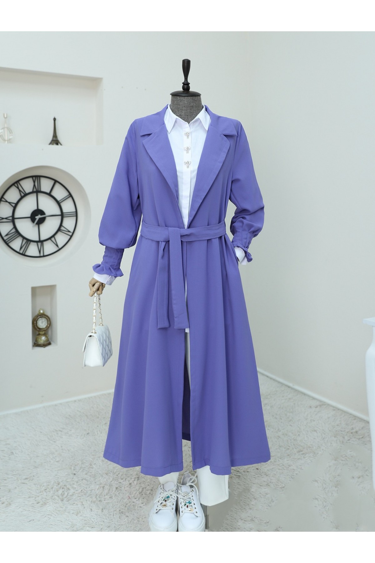 Long Crepe Cape with Ribbed Belted Sleeve  -Lilac