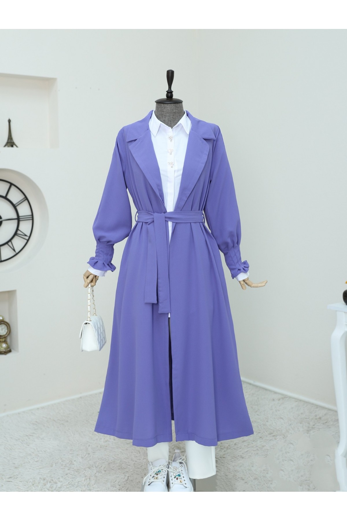 Long Crepe Cape with Ribbed Belted Sleeve  -Lilac