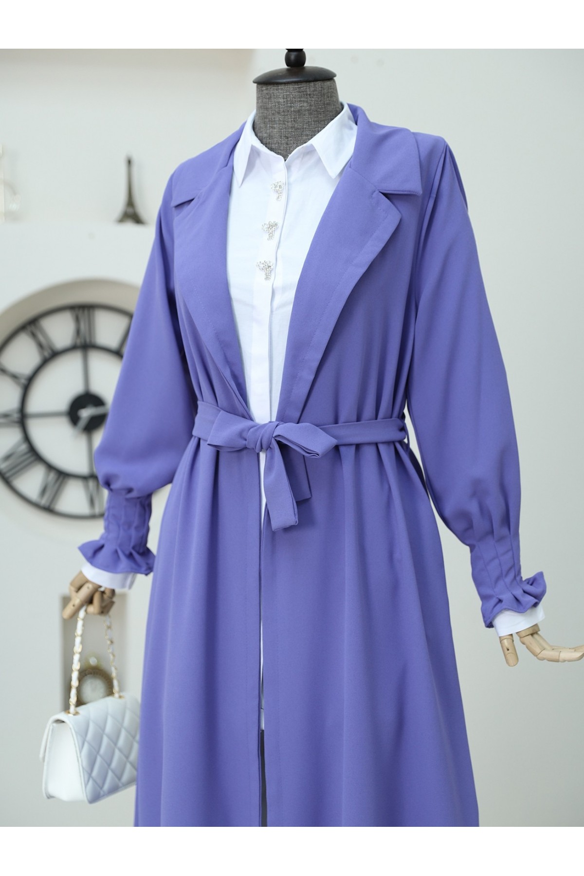 Long Crepe Cape with Ribbed Belted Sleeve  -Lilac