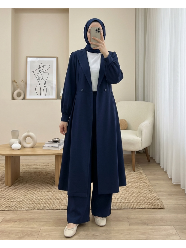 Çİft Düğmeli Cepli Beli Lastikli Pantolonlu İkili Krep Takım -Laci