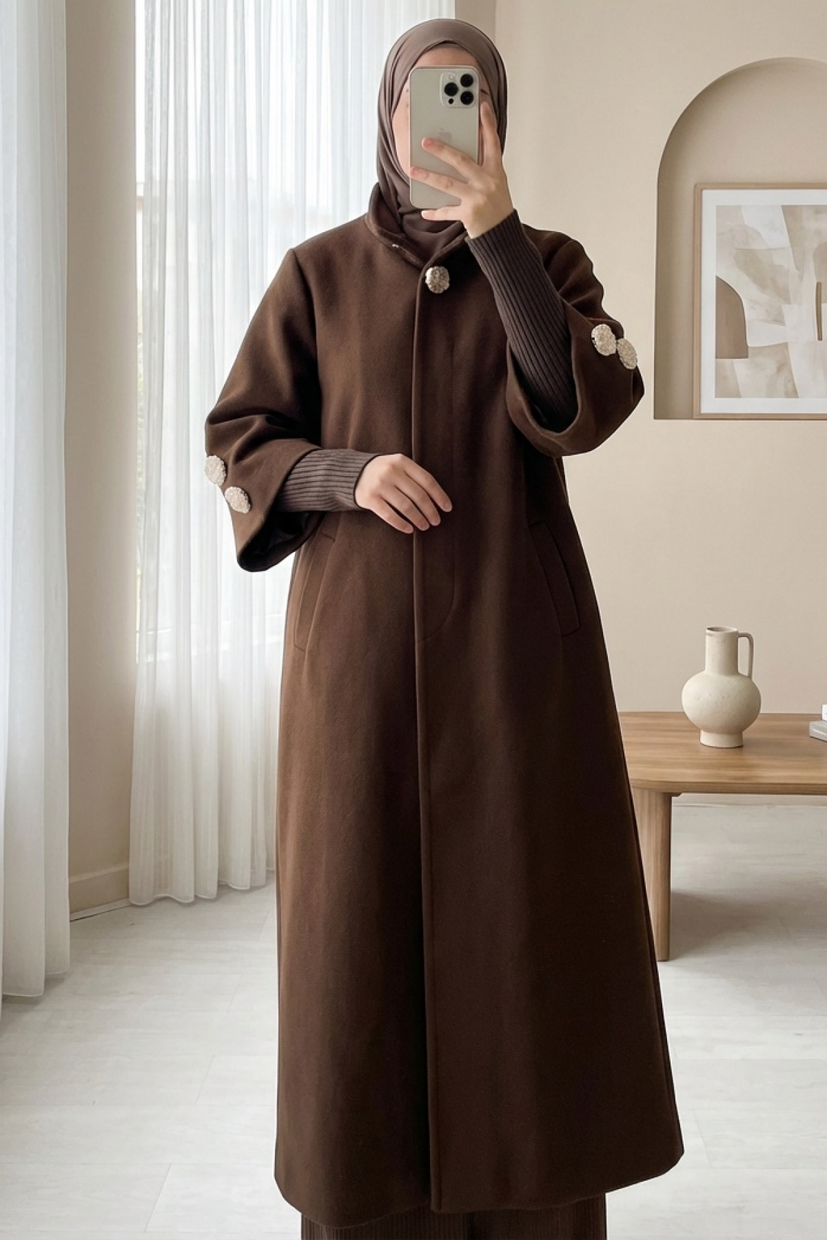 Gold Brooch Hidden Snap Button Pocket Lined Cashmere Coat  -Brown