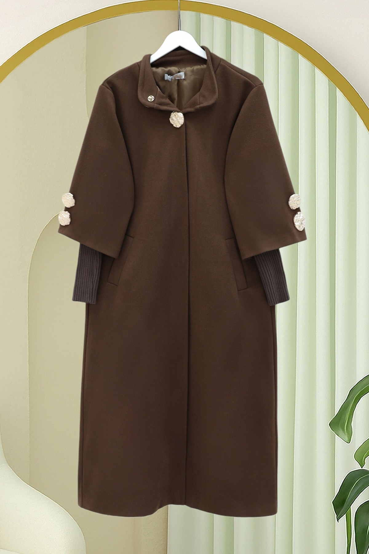 Gold Brooch Hidden Snap Button Pocket Lined Cashmere Coat  -Brown