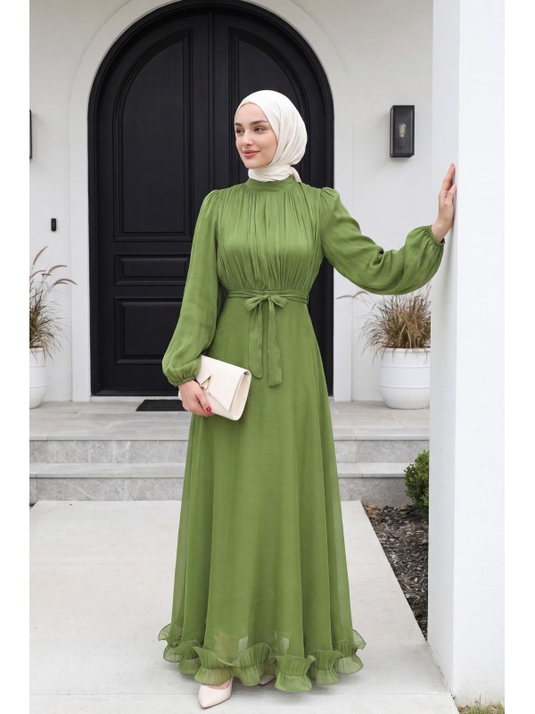 Shimmering Chiffon Dress with Ruffled Skirt and Belt   -Green