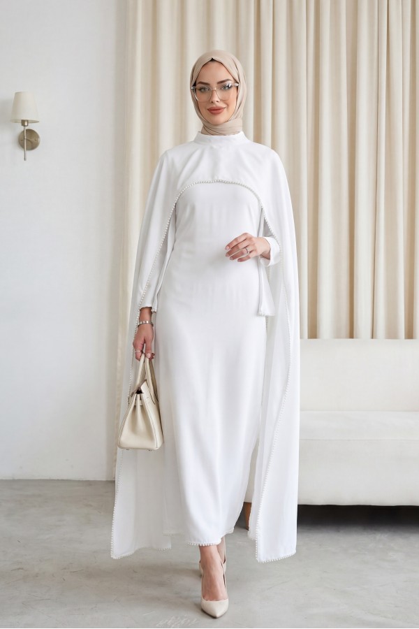 Crepe Abaya Dress with Pearl Details, Detachable Cape, Spanish Sleeves, and Lining  -White