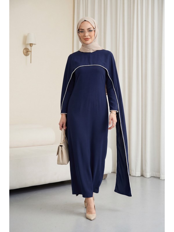 Crepe Abaya Dress with Pearl Details, Detachable Cape, Spanish Sleeves, and Lining  -Navy blue