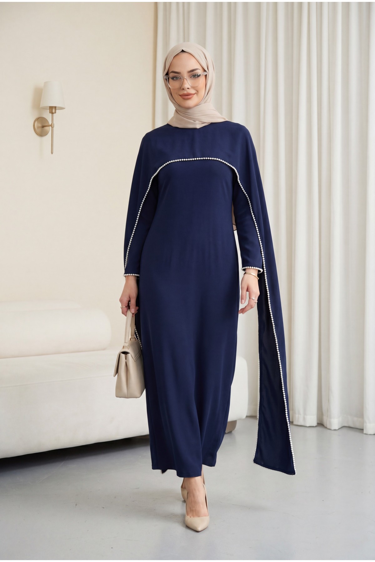 Crepe Abaya Dress with Pearl Details, Detachable Cape, Spanish Sleeves, and Lining  -Navy blue