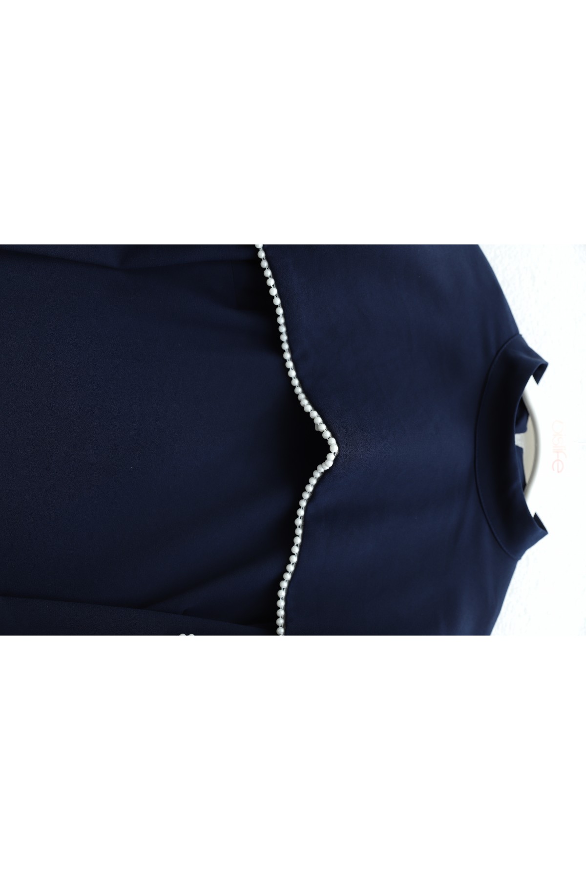 Crepe Abaya Dress with Pearl Details, Detachable Cape, Spanish Sleeves, and Lining  -Navy blue