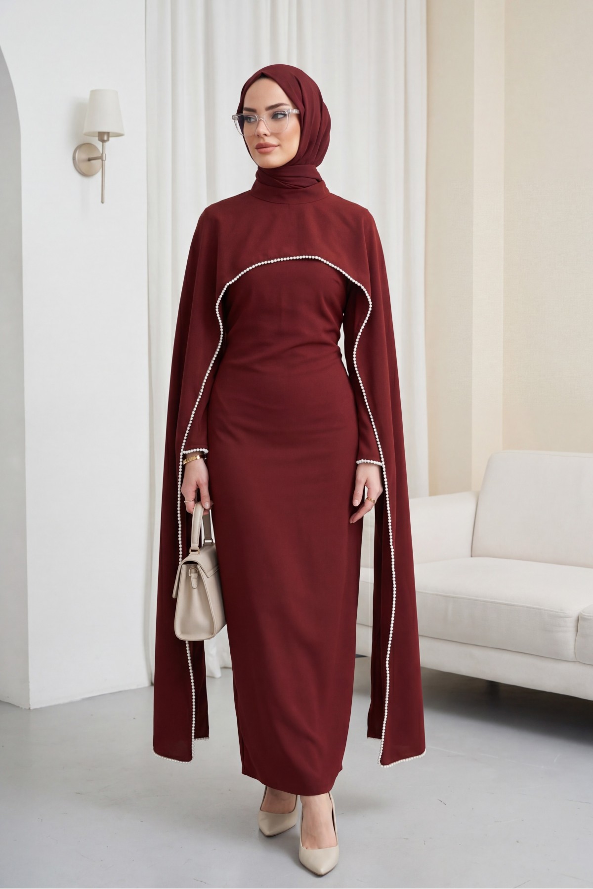 Crepe Abaya Dress with Pearl Details, Detachable Cape, Spanish Sleeves, and Lining  -Maroon