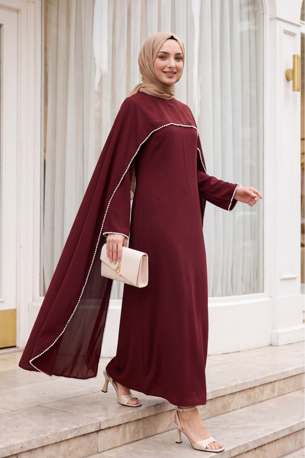 Crepe Abaya Dress with Pearl Details, Detachable Cape, Spanish Sleeves, and Lining  -Maroon