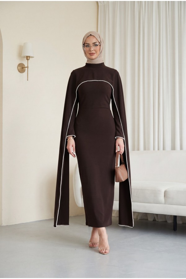 Crepe Abaya Dress with Pearl Details, Detachable Cape, Spanish Sleeves, and Lining  -Dark Coffee