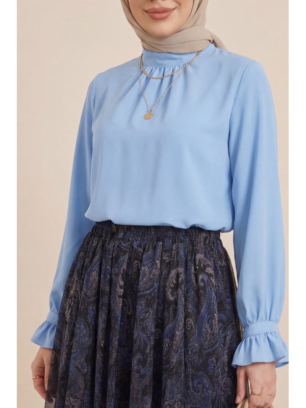 Dik Yaka Kolu Fırfırlı Bağcıklı Arkası Fermuarlı İthal Krep Bluz -Bebe Mavi