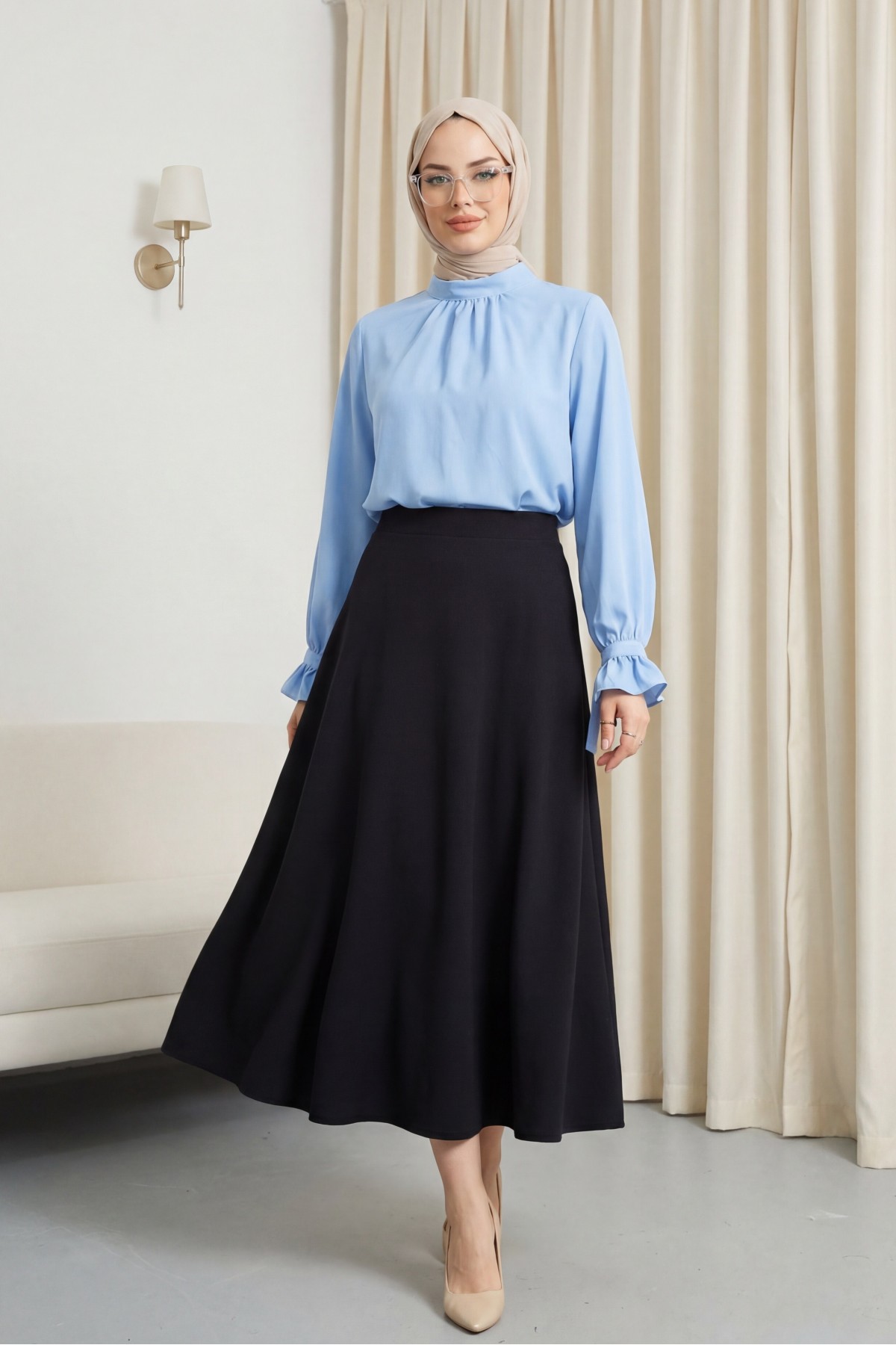 Dik Yaka Kolu Fırfırlı Bağcıklı Arkası Fermuarlı İthal Krep Bluz -Bebe Mavi