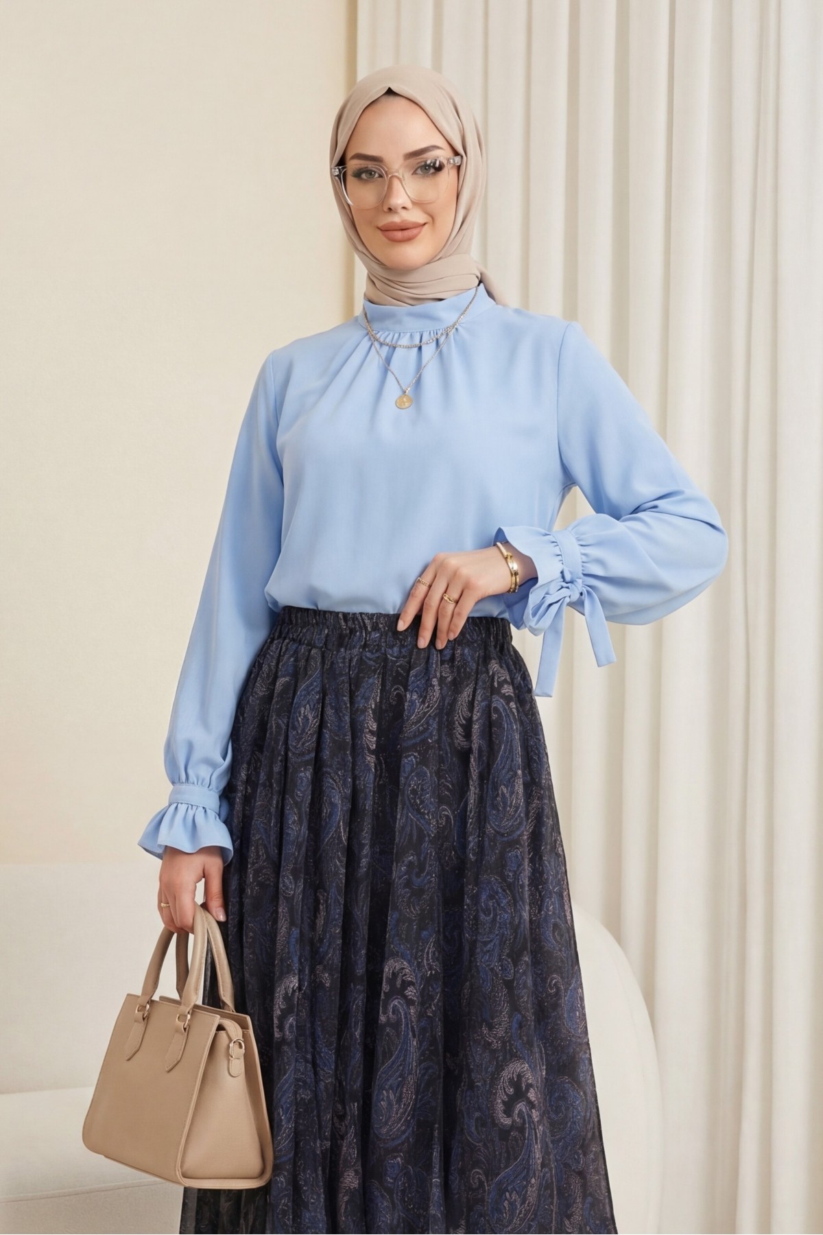 Dik Yaka Kolu Fırfırlı Bağcıklı Arkası Fermuarlı İthal Krep Bluz -Bebe Mavi