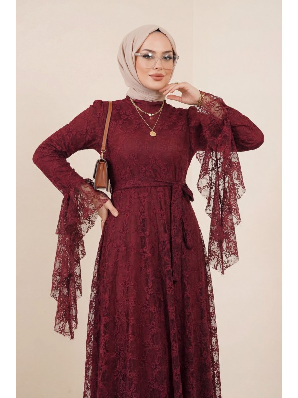 Çiçek Desenli Güpür Dantelli Kolu Volanlı Kemerli Astarlı Elbise -Bordo