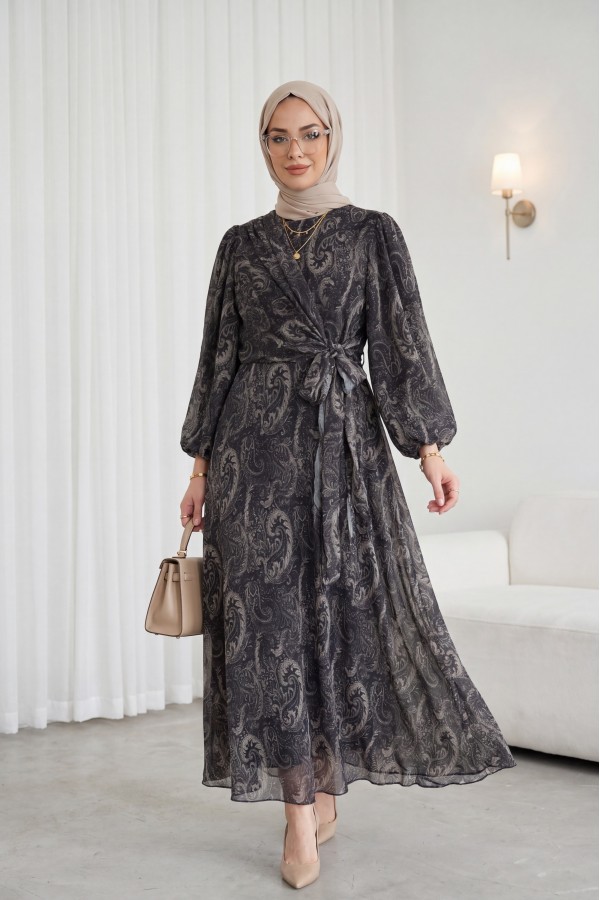 Front-tie, Elasticated Sleeve, Patterned, Lined Chiffon Dress -Anthracite