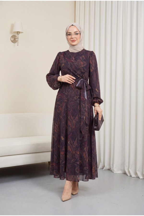 Front-tie, Elasticated Sleeve, Patterned, Lined Chiffon Dress -Dark purple