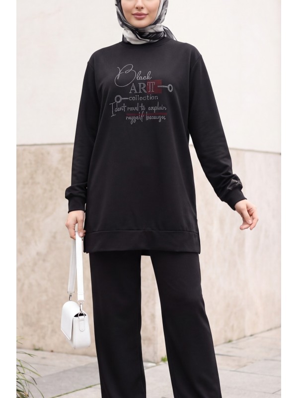 Jersey Set with Rhinestone-Detailed Slit Trousers -Black