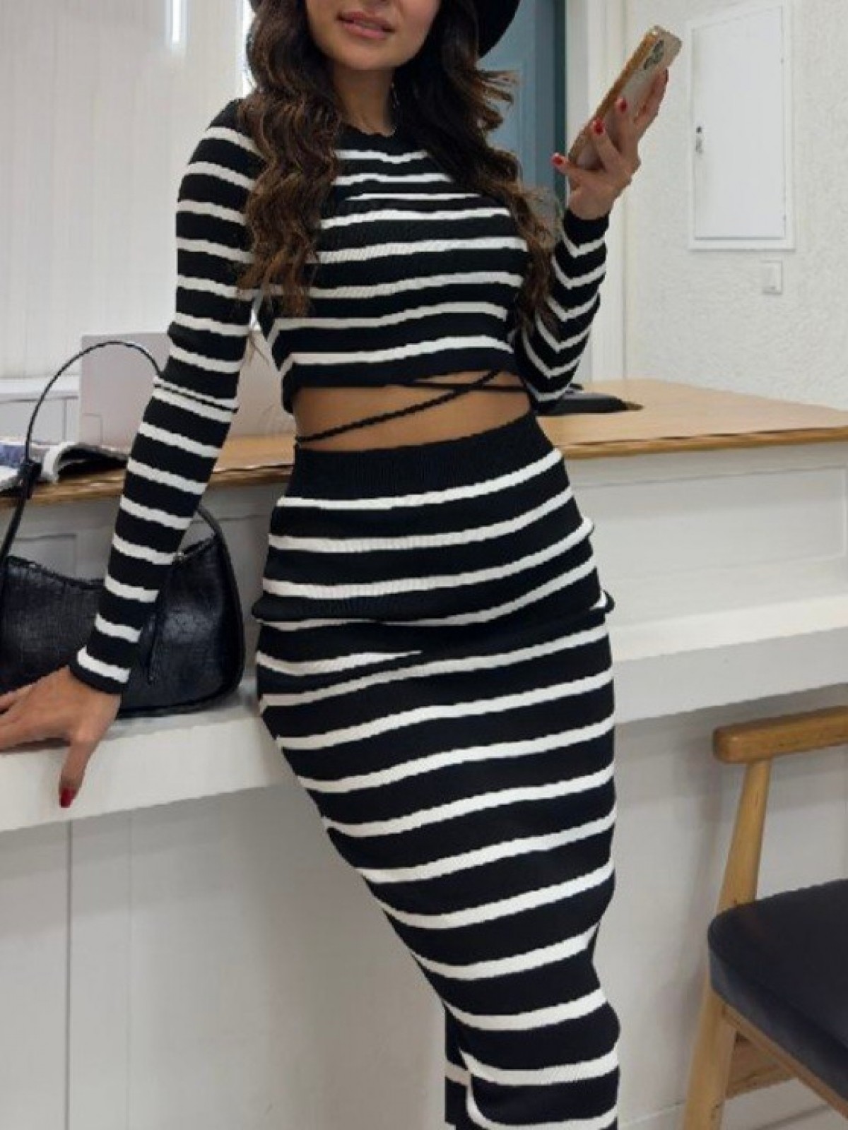 İp Detaylı Etekli İkili Triko Takım -Siyah