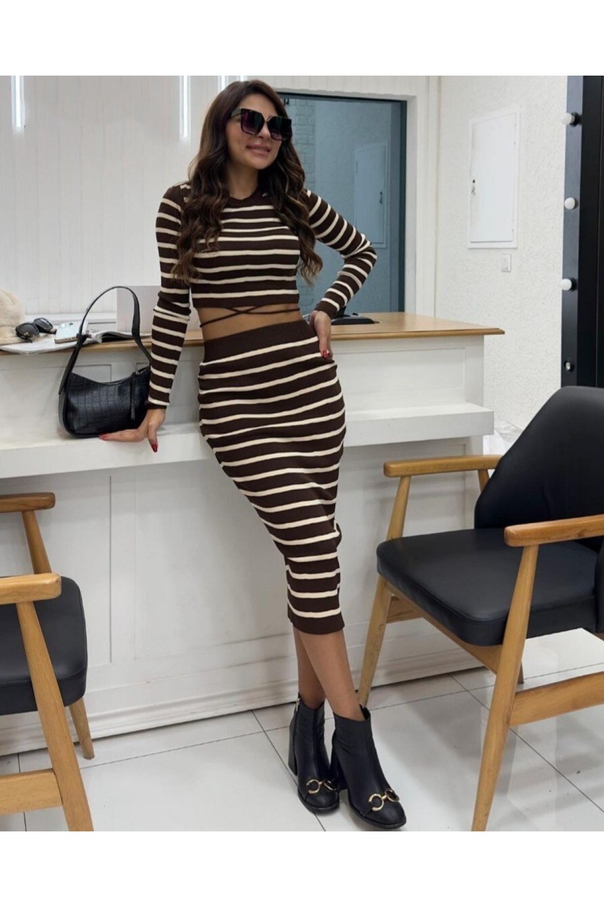 İp Detaylı Etekli İkili Triko Takım -Kahve