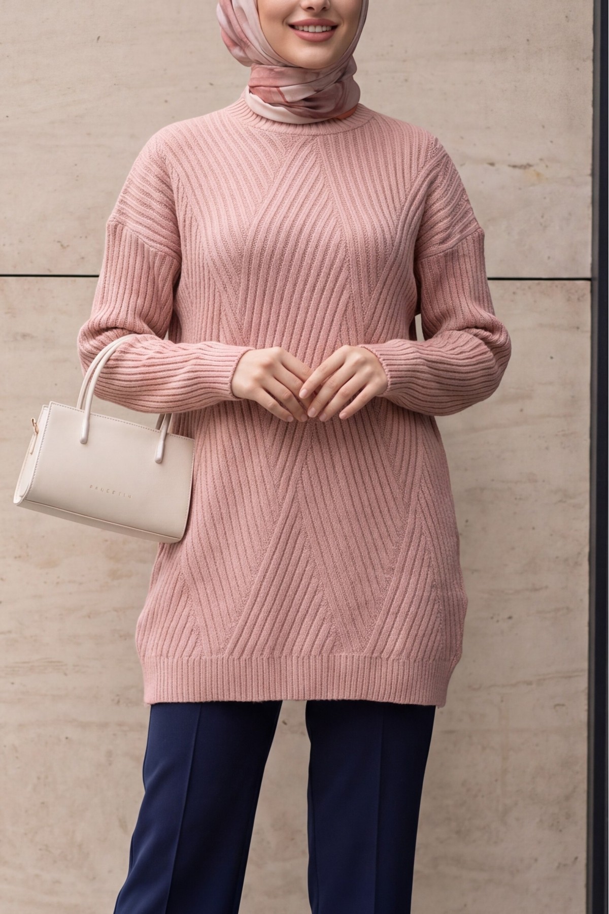 Execution Knitting Diamond Patterned Knitwear Tunic   -Powder