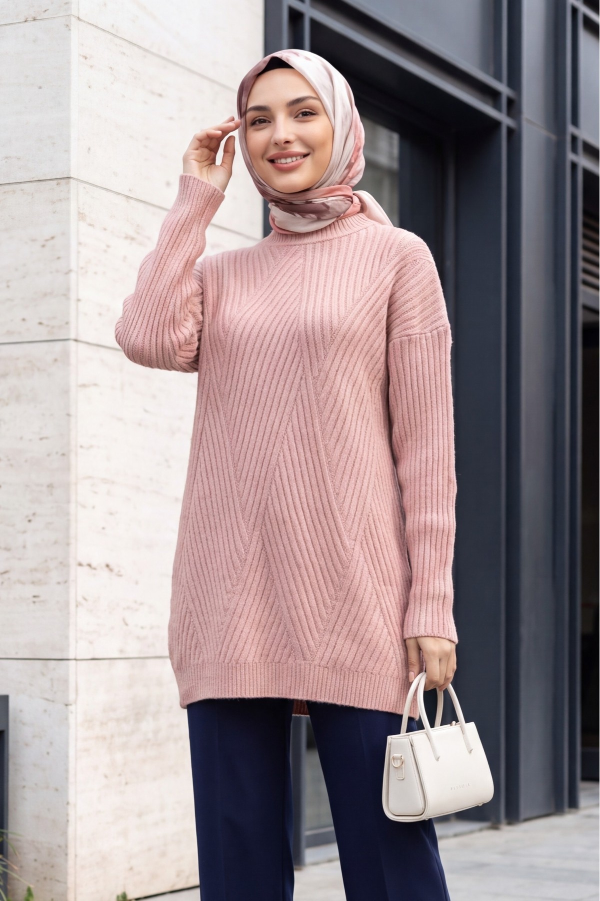 Execution Knitting Diamond Patterned Knitwear Tunic   -Powder
