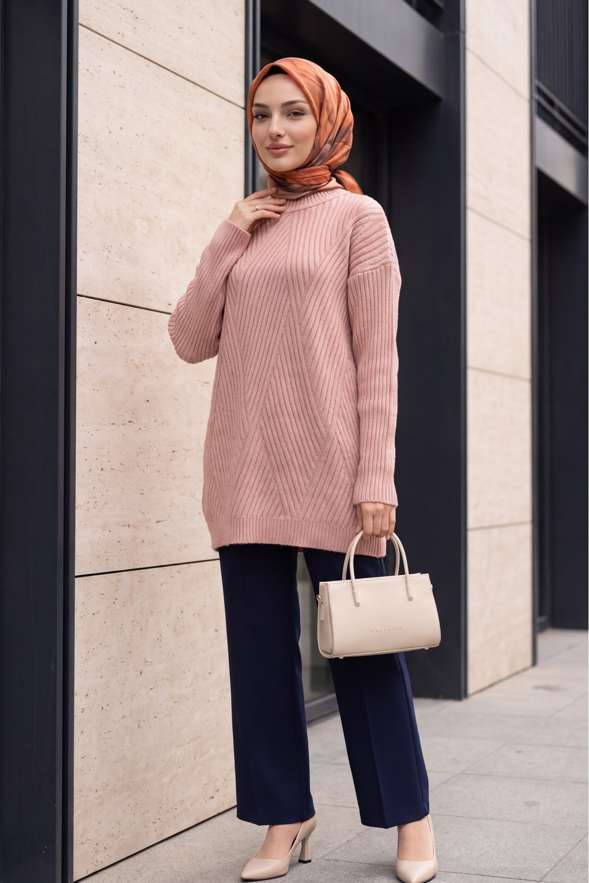 Execution Knitting Diamond Patterned Knitwear Tunic   -Powder