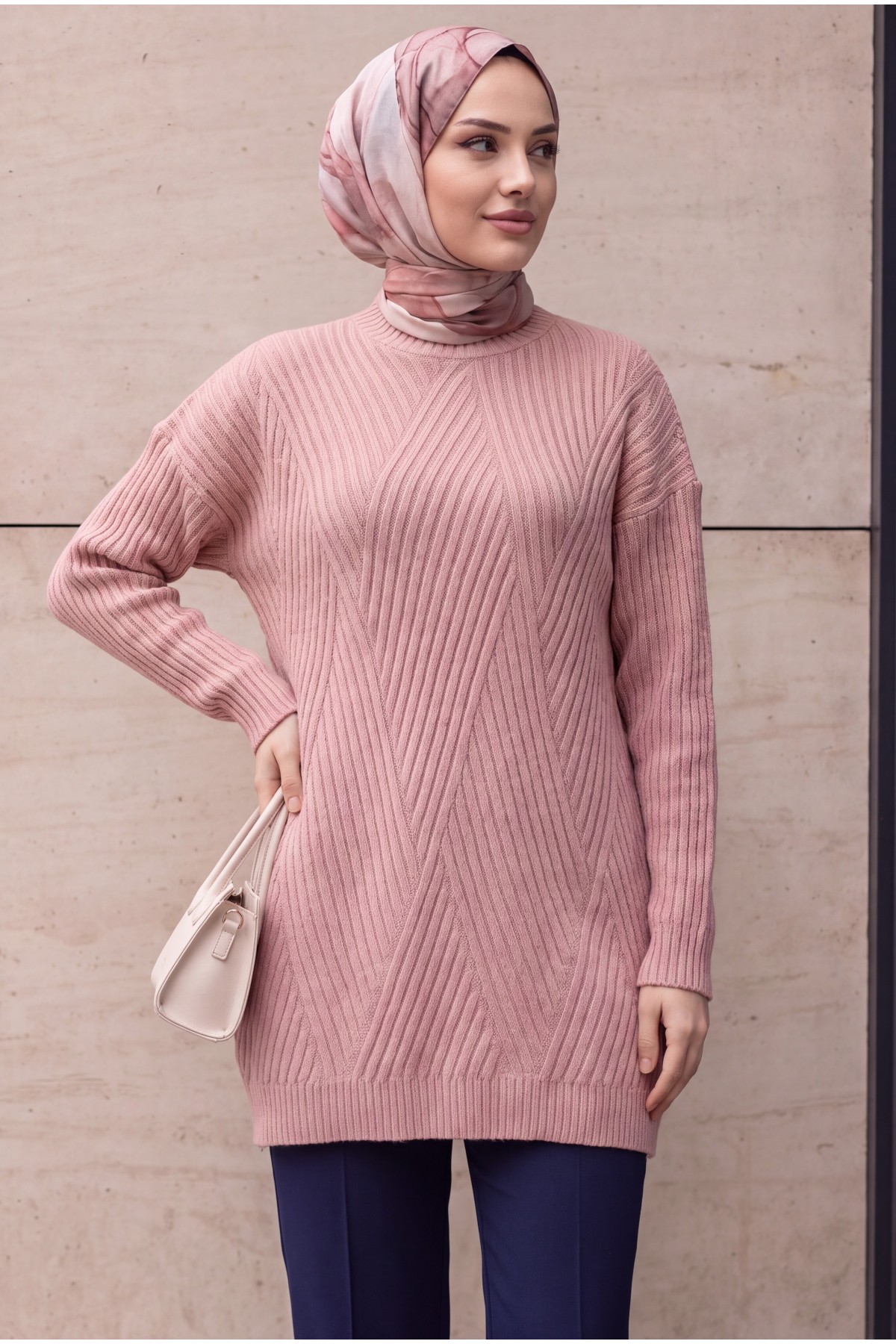 Execution Knitting Diamond Patterned Knitwear Tunic   -Powder