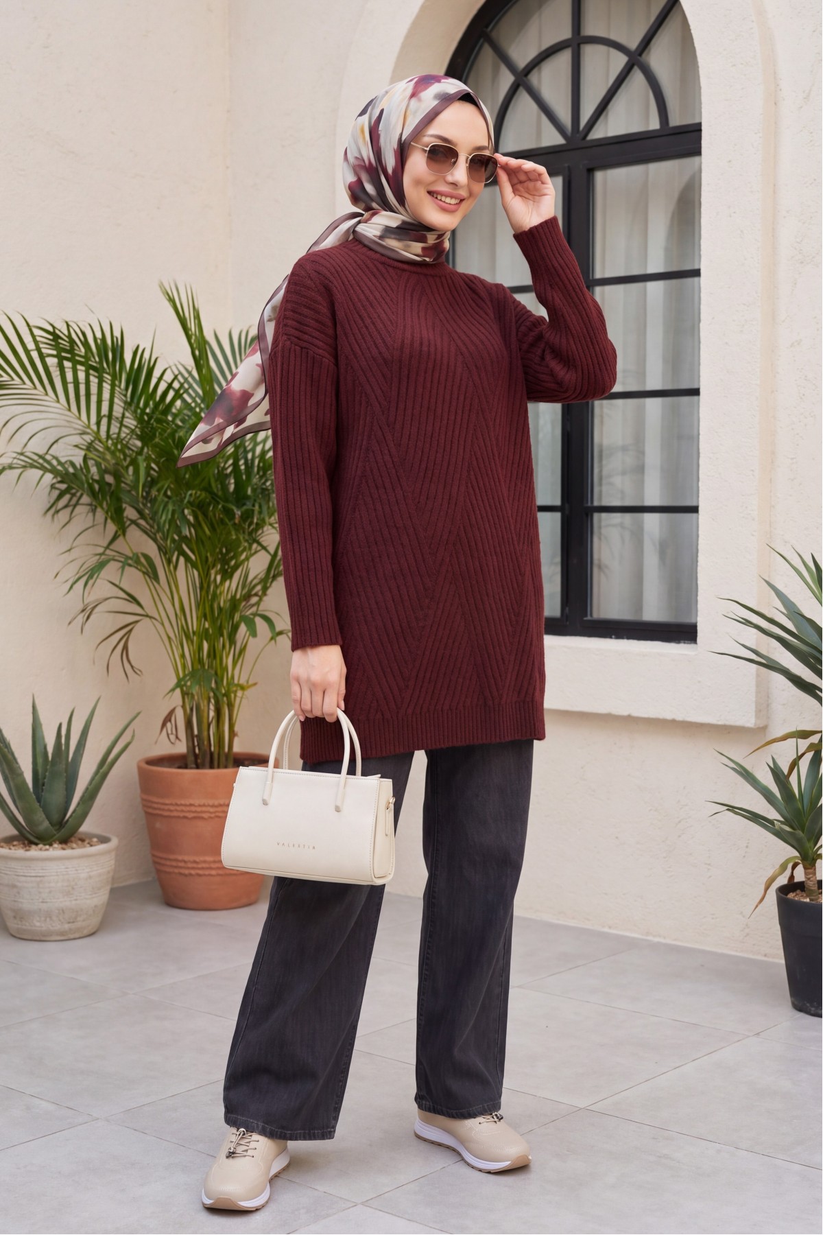 Execution Knitting Diamond Patterned Knitwear Tunic   -Damson