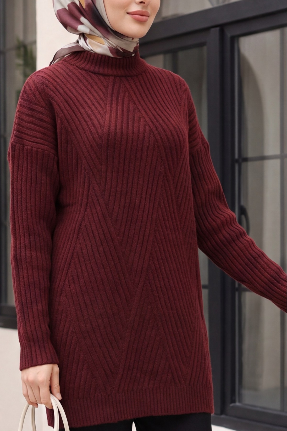 Execution Knitting Diamond Patterned Knitwear Tunic   -Damson