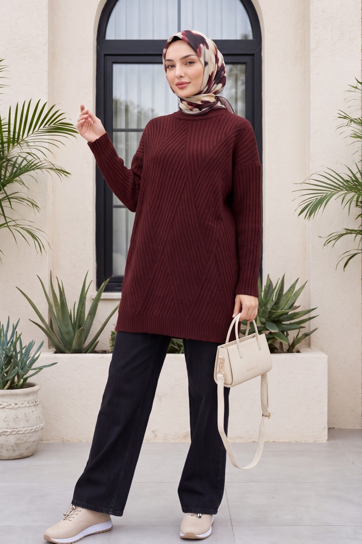 Execution Knitting Diamond Patterned Knitwear Tunic   -Damson