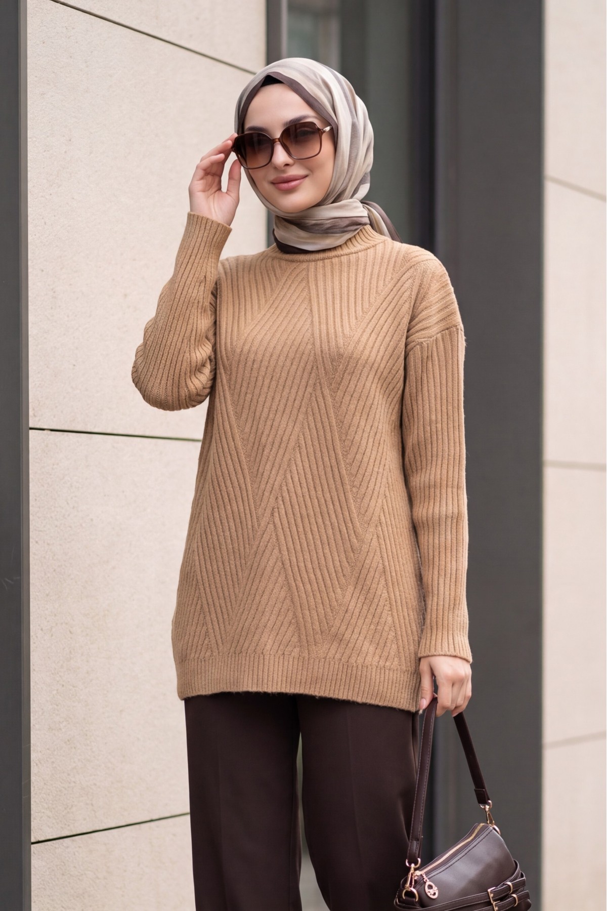 Execution Knitting Diamond Patterned Knitwear Tunic -Snuff