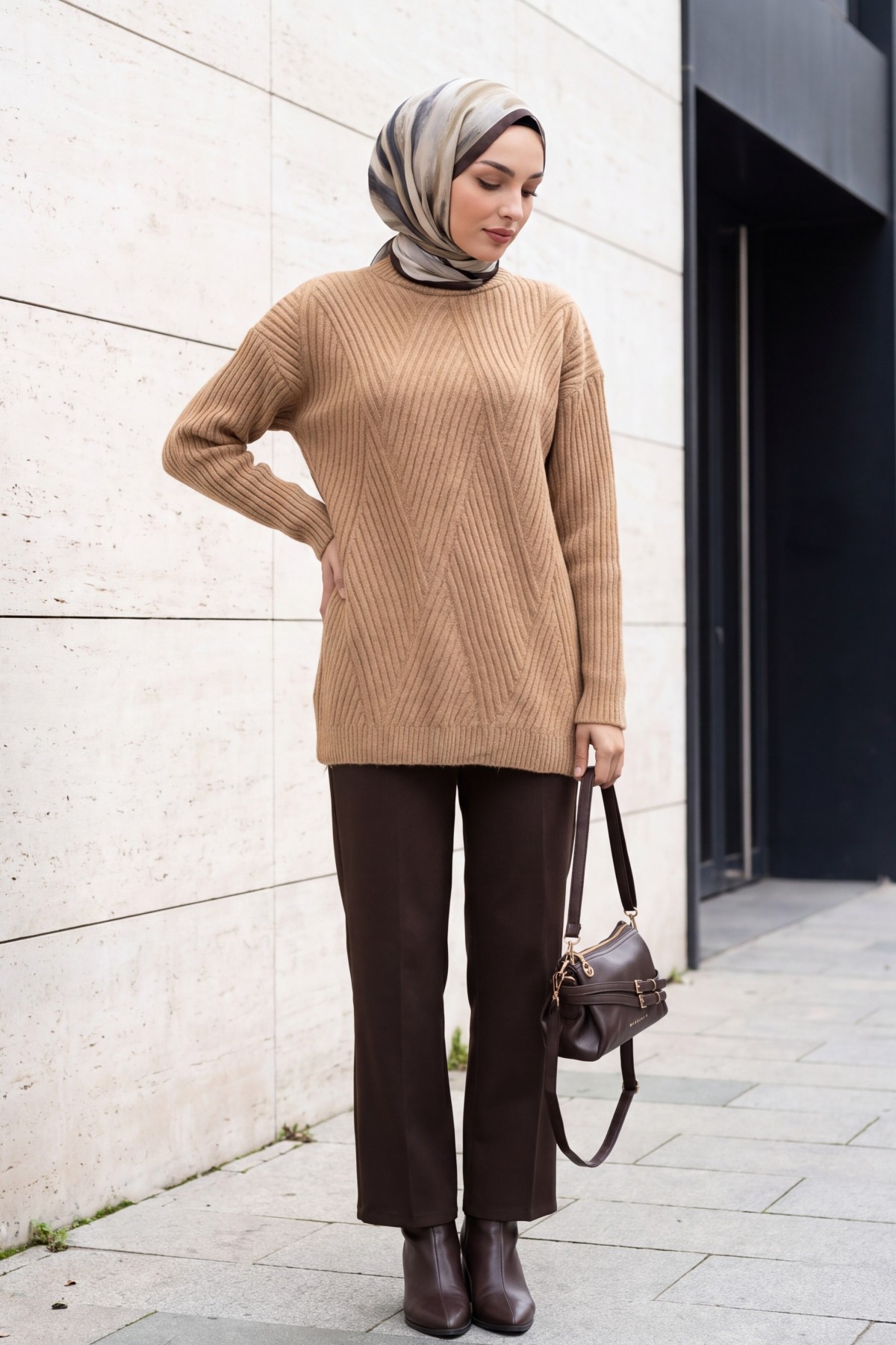 Execution Knitting Diamond Patterned Knitwear Tunic -Snuff