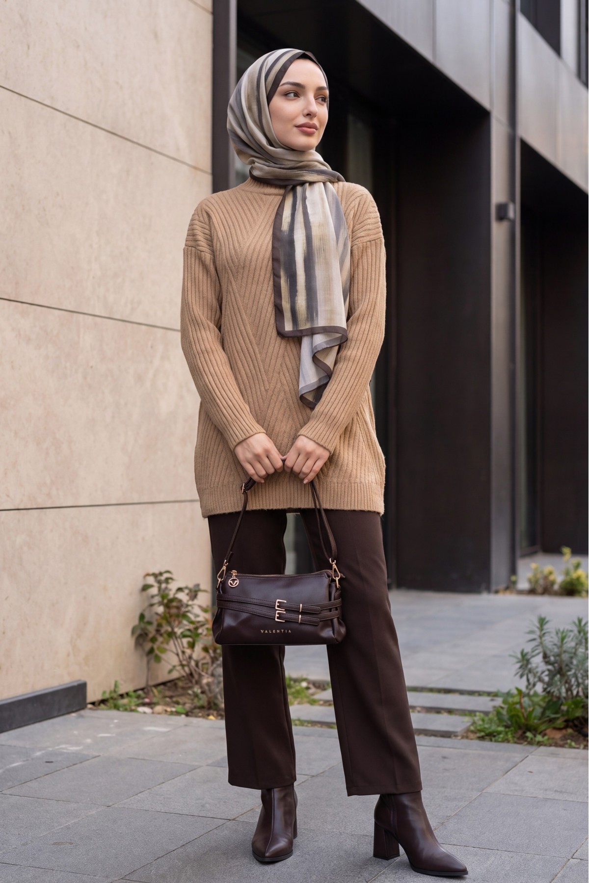 Execution Knitting Diamond Patterned Knitwear Tunic -Snuff