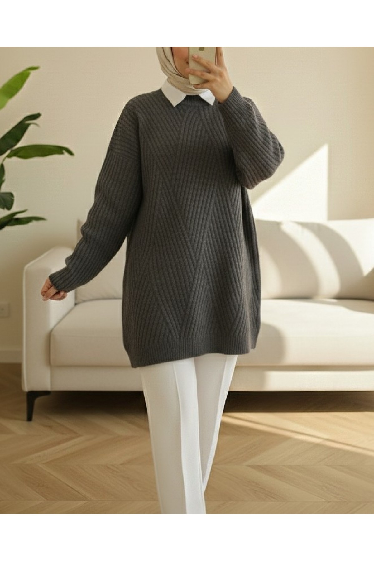 Execution Knitting Diamond Patterned Knitwear Tunic     -Smoked 