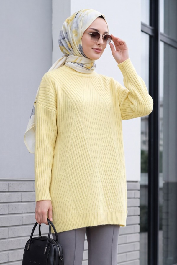 Execution Knitting Diamond Patterned Knitwear Tunic    -Yellow
