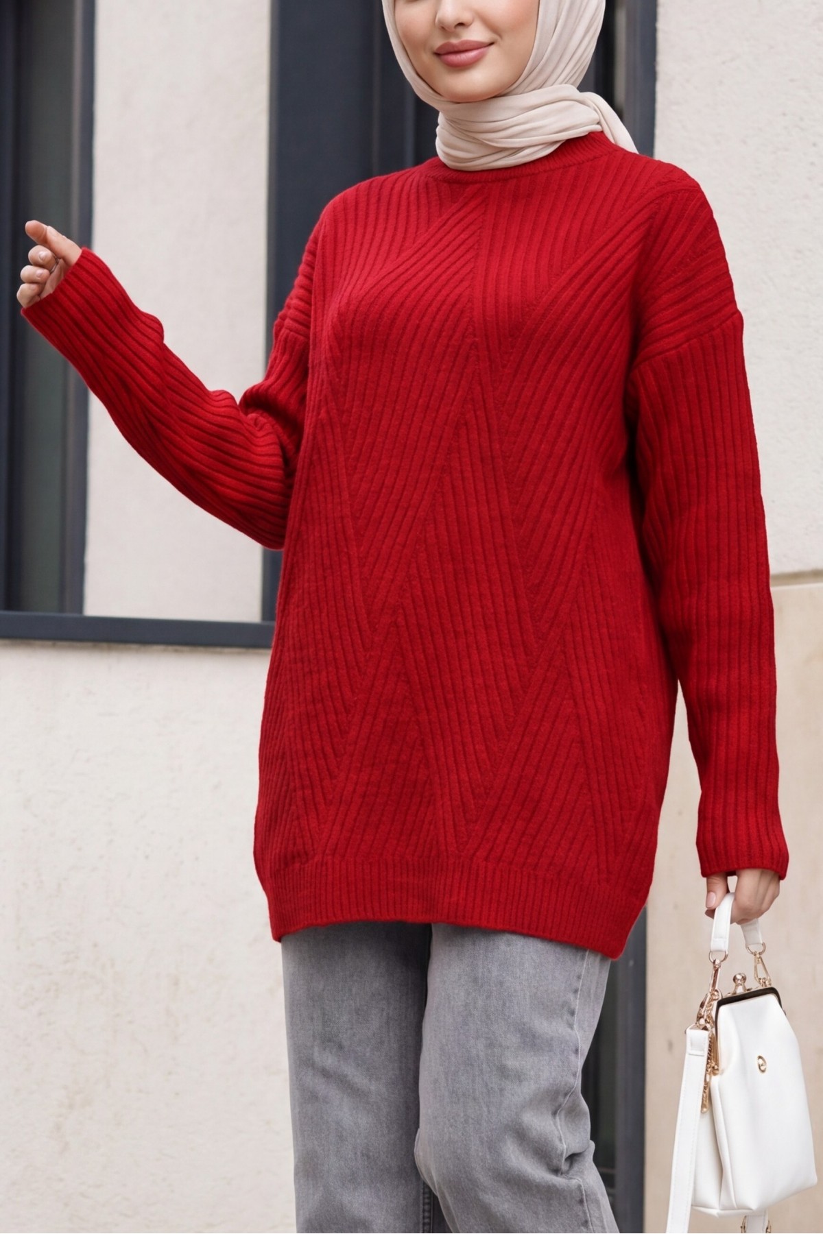 Execution Knitting Diamond Patterned Knitwear Tunic      -Red