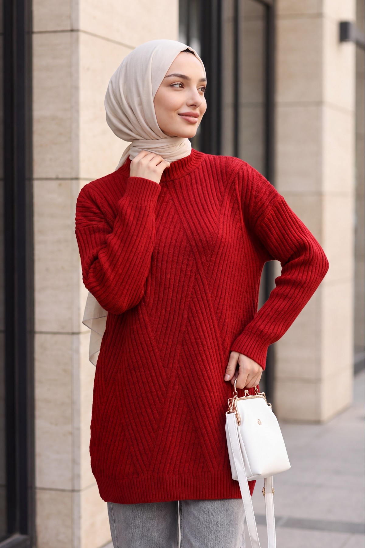 Execution Knitting Diamond Patterned Knitwear Tunic      -Red