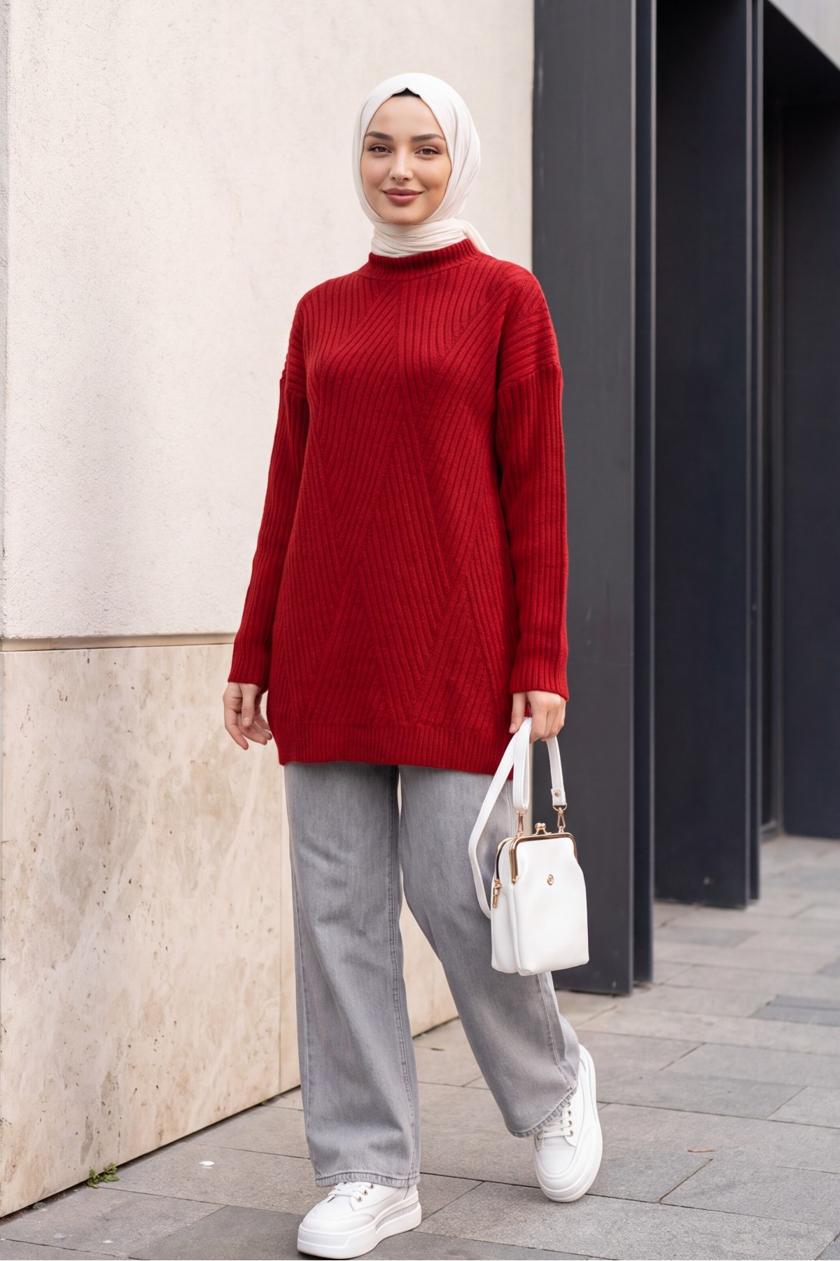Execution Knitting Diamond Patterned Knitwear Tunic      -Red