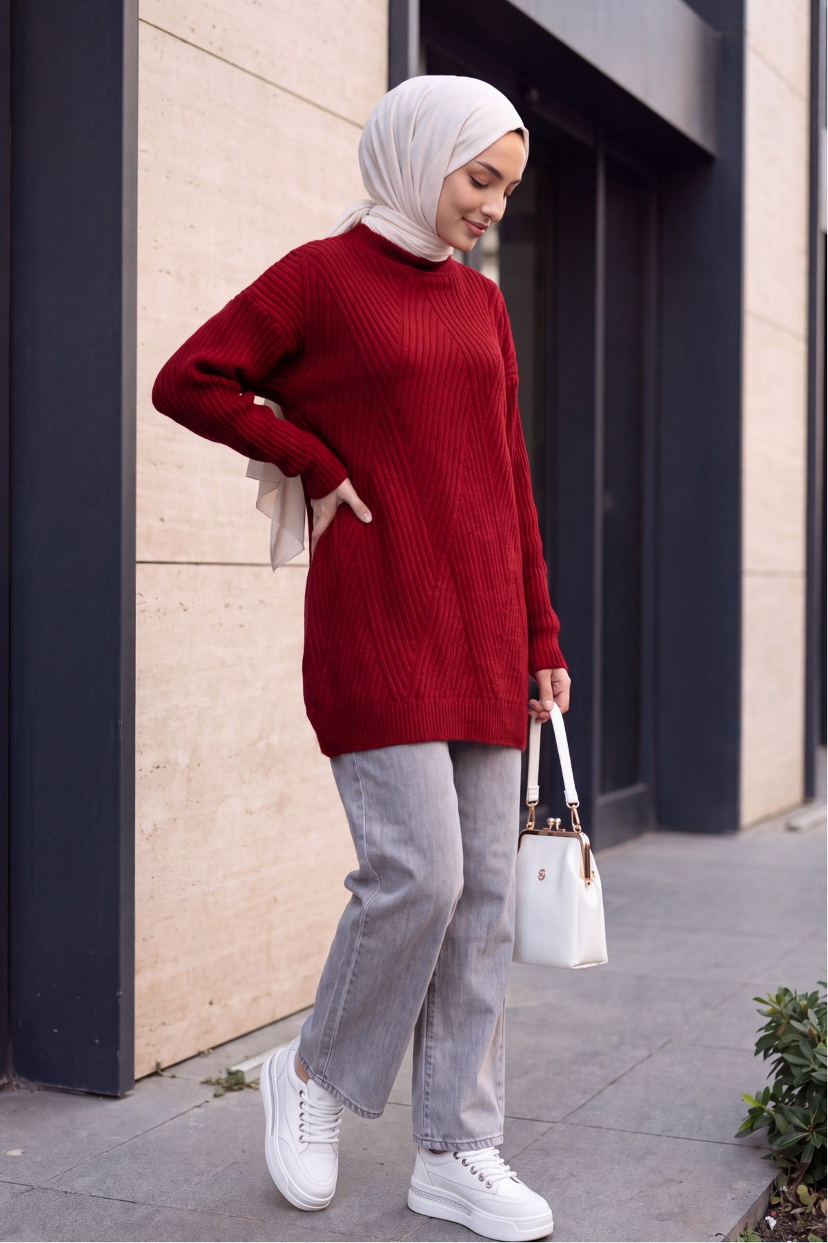 Execution Knitting Diamond Patterned Knitwear Tunic      -Red