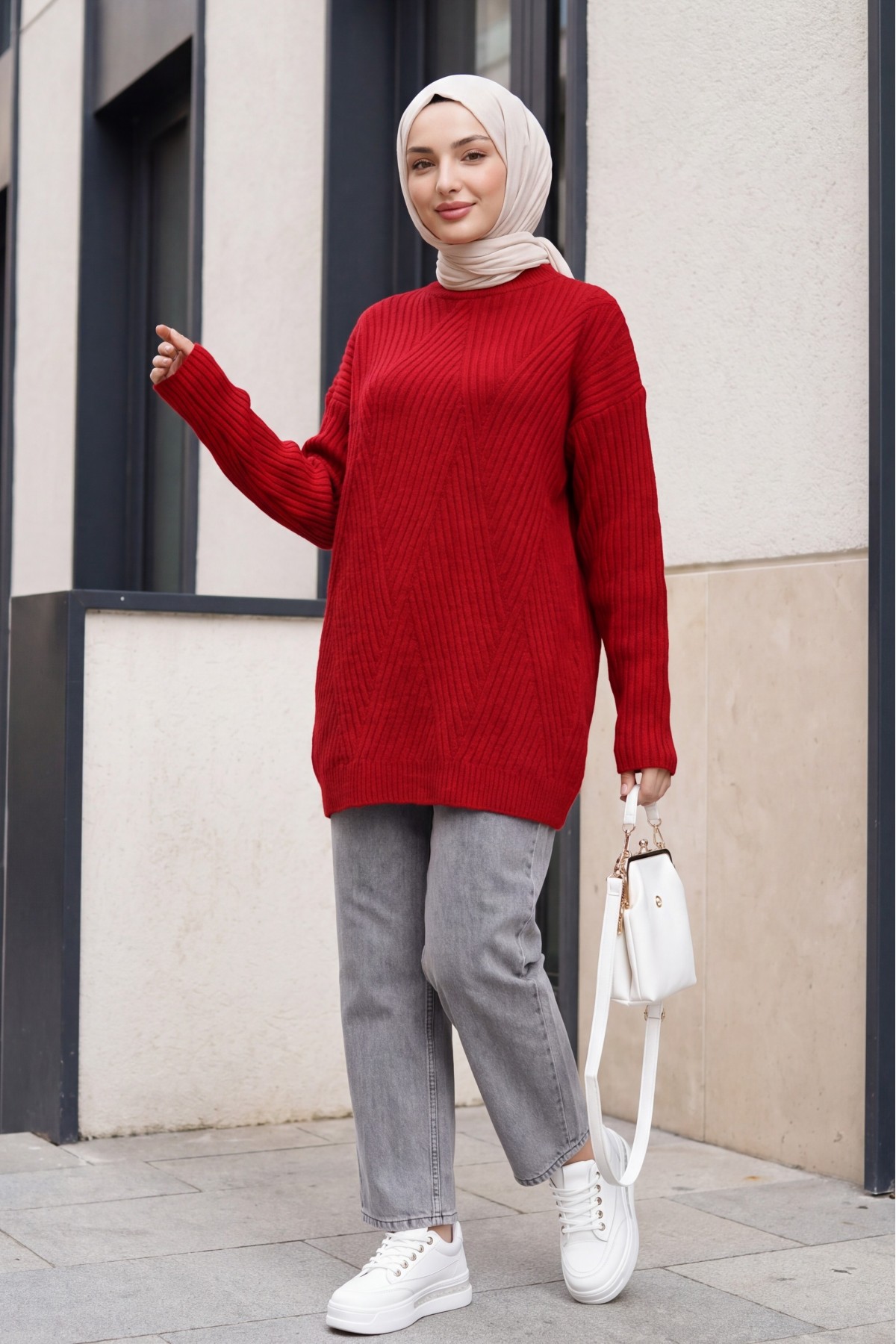 Execution Knitting Diamond Patterned Knitwear Tunic      -Red