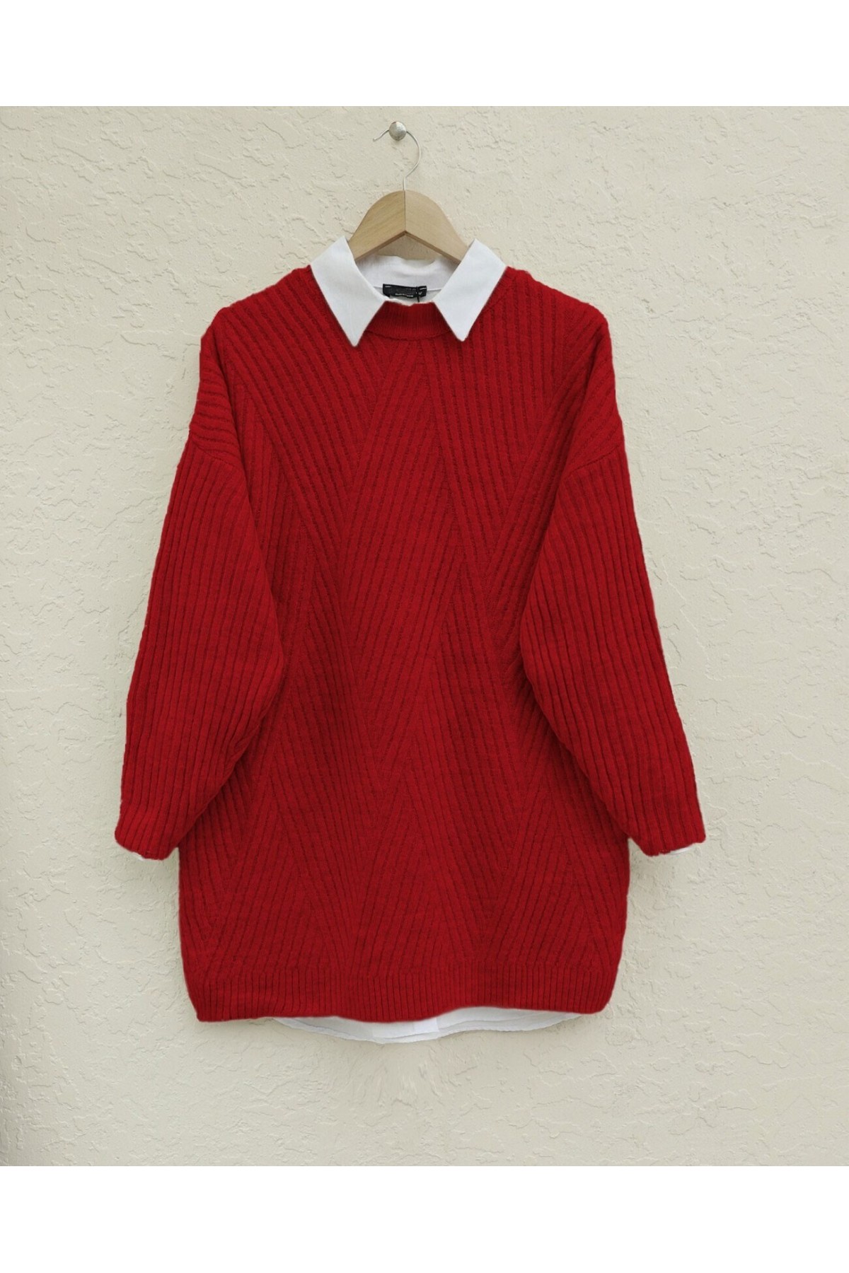Execution Knitting Diamond Patterned Knitwear Tunic      -Red