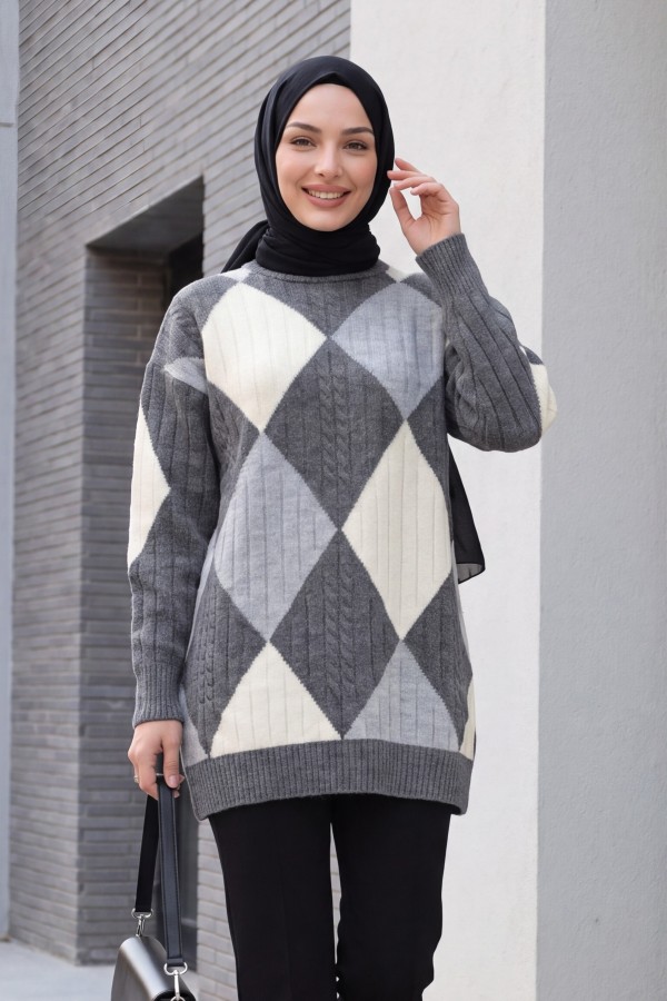 Front Diamond Pattern Knitwear Tunic   -Smoked 