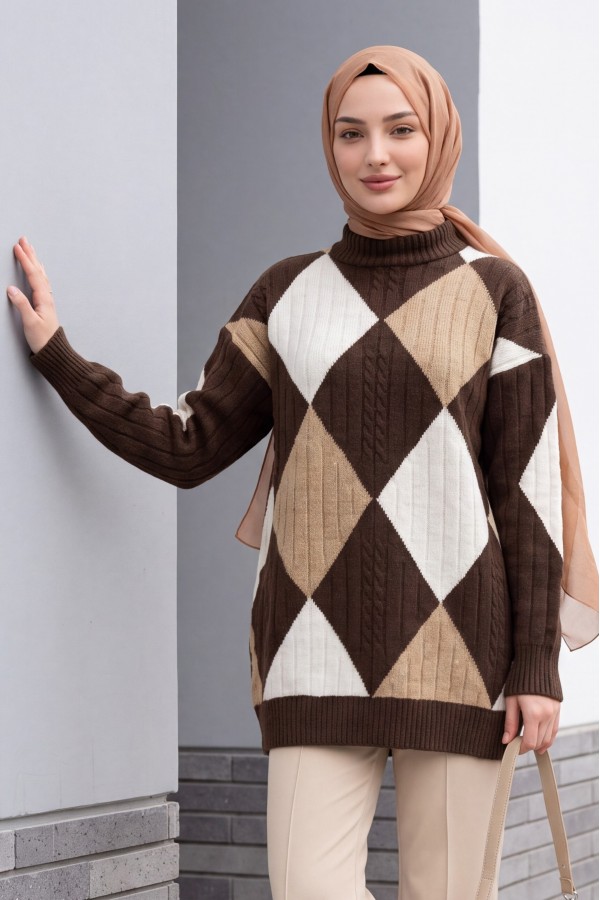 Front Diamond Pattern Knitwear Tunic   -Dark Coffee
