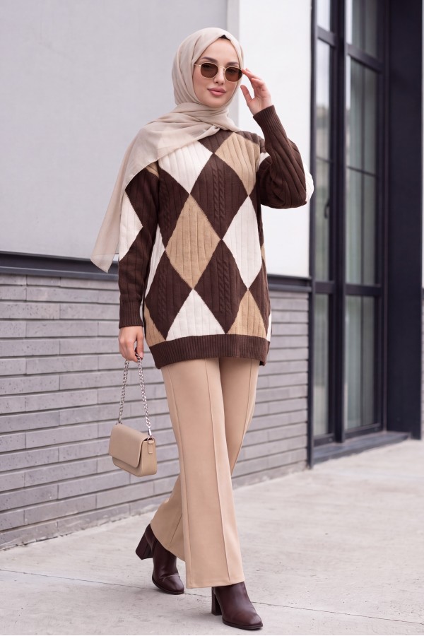 Front Diamond Pattern Knitwear Tunic   -Dark Coffee